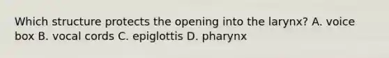 Which structure protects the opening into the larynx? A. voice box B. vocal cords C. epiglottis D. pharynx