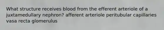 What structure receives blood from the efferent arteriole of a juxtamedullary nephron? afferent arteriole peritubular capillaries vasa recta glomerulus