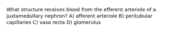 What structure receives blood from the efferent arteriole of a juxtamedullary nephron? A) afferent arteriole B) peritubular capillaries C) vasa recta D) glomerulus