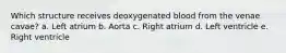 Which structure receives deoxygenated blood from the venae cavae? a. Left atrium b. Aorta c. Right atrium d. Left ventricle e. Right ventricle