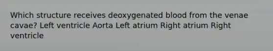 Which structure receives deoxygenated blood from the venae cavae? Left ventricle Aorta Left atrium Right atrium Right ventricle