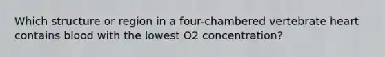 Which structure or region in a four-chambered vertebrate heart contains blood with the lowest O2 concentration?