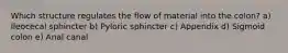Which structure regulates the flow of material into the colon? a) Ileocecal sphincter b) Pyloric sphincter c) Appendix d) Sigmoid colon e) Anal canal