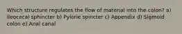 Which structure regulates the flow of material into the colon? a) Ileocecal sphincter b) Pylorie spincter c) Appendix d) Sigmoid colon e) Anal canal