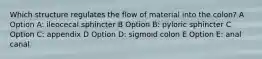 Which structure regulates the flow of material into the colon? A Option A: ileocecal sphincter B Option B: pyloric sphincter C Option C: appendix D Option D: sigmoid colon E Option E: anal canal