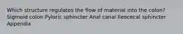 Which structure regulates the flow of material into the colon? Sigmoid colon Pyloric sphincter Anal canal Ileocecal sphincter Appendix