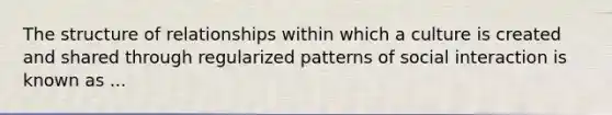 The structure of relationships within which a culture is created and shared through regularized patterns of social interaction is known as ...