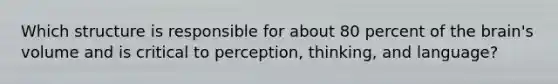 Which structure is responsible for about 80 percent of the brain's volume and is critical to perception, thinking, and language?