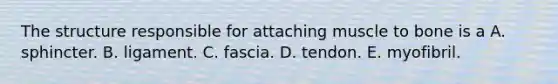 The structure responsible for attaching muscle to bone is a A. sphincter. B. ligament. C. fascia. D. tendon. E. myofibril.