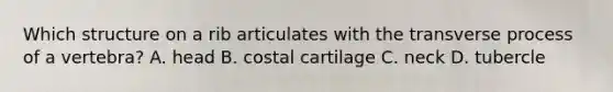 Which structure on a rib articulates with the transverse process of a vertebra? A. head B. costal cartilage C. neck D. tubercle