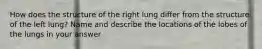 How does the structure of the right lung differ from the structure of the left lung? Name and describe the locations of the lobes of the lungs in your answer