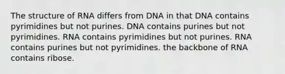 The structure of RNA differs from DNA in that DNA contains pyrimidines but not purines. DNA contains purines but not pyrimidines. RNA contains pyrimidines but not purines. RNA contains purines but not pyrimidines. the backbone of RNA contains ribose.