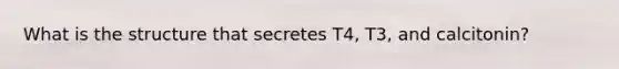 What is the structure that secretes T4, T3, and calcitonin?