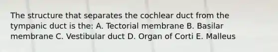 The structure that separates the cochlear duct from the tympanic duct is the: A. Tectorial membrane B. Basilar membrane C. Vestibular duct D. Organ of Corti E. Malleus