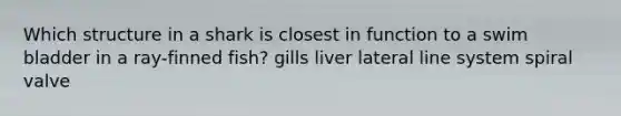 Which structure in a shark is closest in function to a swim bladder in a ray-finned fish? gills liver lateral line system spiral valve