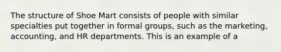 The structure of Shoe Mart consists of people with similar specialties put together in formal groups, such as the marketing, accounting, and HR departments. This is an example of a