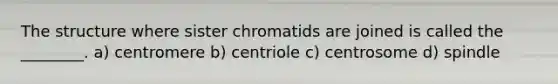 The structure where sister chromatids are joined is called the ________. a) centromere b) centriole c) centrosome d) spindle