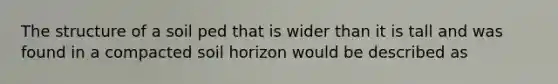 The structure of a soil ped that is wider than it is tall and was found in a compacted soil horizon would be described as