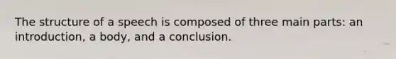 The structure of a speech is composed of three main parts: an introduction, a body, and a conclusion.