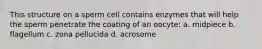 This structure on a sperm cell contains enzymes that will help the sperm penetrate the coating of an oocyte: a. midpiece b. flagellum c. zona pellucida d. acrosome