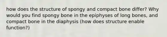 how does the structure of spongy and compact bone differ? Why would you find spongy bone in the epiphyses of long bones, and compact bone in the diaphysis (how does structure enable function?)