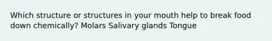 Which structure or structures in your mouth help to break food down chemically? Molars Salivary glands Tongue