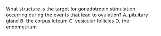 What structure is the target for gonadotropin stimulation occurring during the events that lead to ovulation? A. pituitary gland B. the corpus luteum C. vesicular follicles D. the endometrium