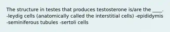 The structure in testes that produces testosterone is/are the ____. -leydig cells (anatomically called the interstitial cells) -epididymis -seminiferous tubules -sertoli cells