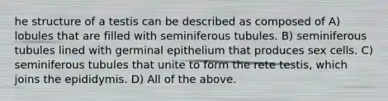 he structure of a testis can be described as composed of A) lobules that are filled with seminiferous tubules. B) seminiferous tubules lined with germinal epithelium that produces sex cells. C) seminiferous tubules that unite to form the rete testis, which joins the epididymis. D) All of the above.