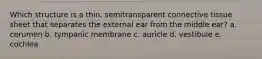 Which structure is a thin, semitransparent connective tissue sheet that separates the external ear from the middle ear? a. cerumen b. tympanic membrane c. auricle d. vestibule e. cochlea