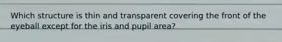 Which structure is thin and transparent covering the front of the eyeball except for the iris and pupil area?