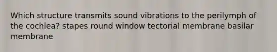 Which structure transmits sound vibrations to the perilymph of the cochlea? stapes round window tectorial membrane basilar membrane