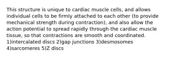 This structure is unique to cardiac muscle cells, and allows individual cells to be firmly attached to each other (to provide mechanical strength during contraction), and also allow the action potential to spread rapidly through the cardiac muscle tissue, so that contractions are smooth and coordinated. 1)intercalated discs 2)gap junctions 3)desmosomes 4)sarcomeres 5)Z discs