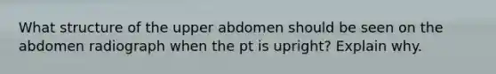 What structure of the upper abdomen should be seen on the abdomen radiograph when the pt is upright? Explain why.