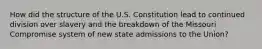 How did the structure of the U.S. Constitution lead to continued division over slavery and the breakdown of the Missouri Compromise system of new state admissions to the Union?