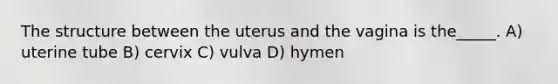 The structure between the uterus and the vagina is the_____. A) uterine tube B) cervix C) vulva D) hymen