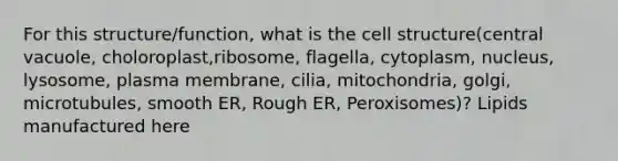 For this structure/function, what is the cell structure(central vacuole, choloroplast,ribosome, flagella, cytoplasm, nucleus, lysosome, plasma membrane, cilia, mitochondria, golgi, microtubules, smooth ER, Rough ER, Peroxisomes)? Lipids manufactured here