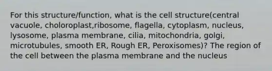 For this structure/function, what is the cell structure(central vacuole, choloroplast,ribosome, flagella, cytoplasm, nucleus, lysosome, plasma membrane, cilia, mitochondria, golgi, microtubules, smooth ER, Rough ER, Peroxisomes)? The region of the cell between the plasma membrane and the nucleus