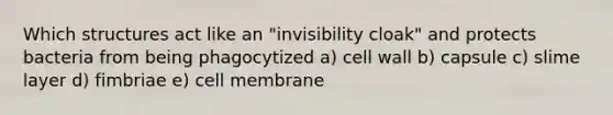 Which structures act like an "invisibility cloak" and protects bacteria from being phagocytized a) cell wall b) capsule c) slime layer d) fimbriae e) cell membrane