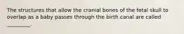 The structures that allow the cranial bones of the fetal skull to overlap as a baby passes through the birth canal are called _________.