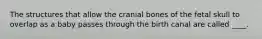 The structures that allow the cranial bones of the fetal skull to overlap as a baby passes through the birth canal are called ____.