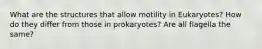 What are the structures that allow motility in Eukaryotes? How do they differ from those in prokaryotes? Are all flagella the same?