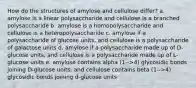 How do the structures of amylose and cellulose differ? a. amylose is a linear polysaccharide and cellulose is a branched polysaccharide b. amylose is a homopolysaccharide and cellulose is a heteropolysaccharide c. amylose if a polysaccharide of glucose units, and cellulose is a polysaccharide of galactose units d. amylose if a polysaccharide made up of D-glucose units, and cellulose is a polysaccharide made up of L-glucose units e. amylose contains alpha (1-->4) glycosidic bonds joining D-glucose units, and cellulose contains beta (1-->4) glycosidic bonds joining d-glucose units