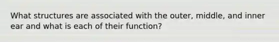 What structures are associated with the outer, middle, and inner ear and what is each of their function?