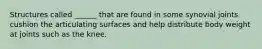 Structures called ______ that are found in some synovial joints cushion the articulating surfaces and help distribute body weight at joints such as the knee.