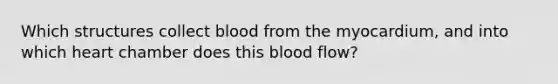 Which structures collect blood from the myocardium, and into which heart chamber does this blood flow?