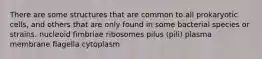 There are some structures that are common to all prokaryotic cells, and others that are only found in some bacterial species or strains. nucleoid fimbriae ribosomes pilus (pili) plasma membrane flagella cytoplasm