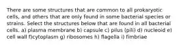 There are some structures that are common to all prokaryotic cells, and others that are only found in some bacterial species or strains. Select the structures below that are found in all bacterial cells. a) plasma membrane b) capsule c) pilus (pili) d) nucleoid e) cell wall f)cytoplasm g) ribosomes h) flagella i) fimbriae