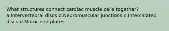 What structures connect cardiac muscle cells together? a.Intervertebral discs b.Neuromuscular junctions c.Intercalated discs d.Motor end plates