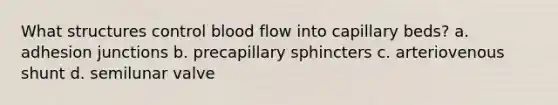 What structures control blood flow into capillary beds? a. adhesion junctions b. precapillary sphincters c. arteriovenous shunt d. semilunar valve